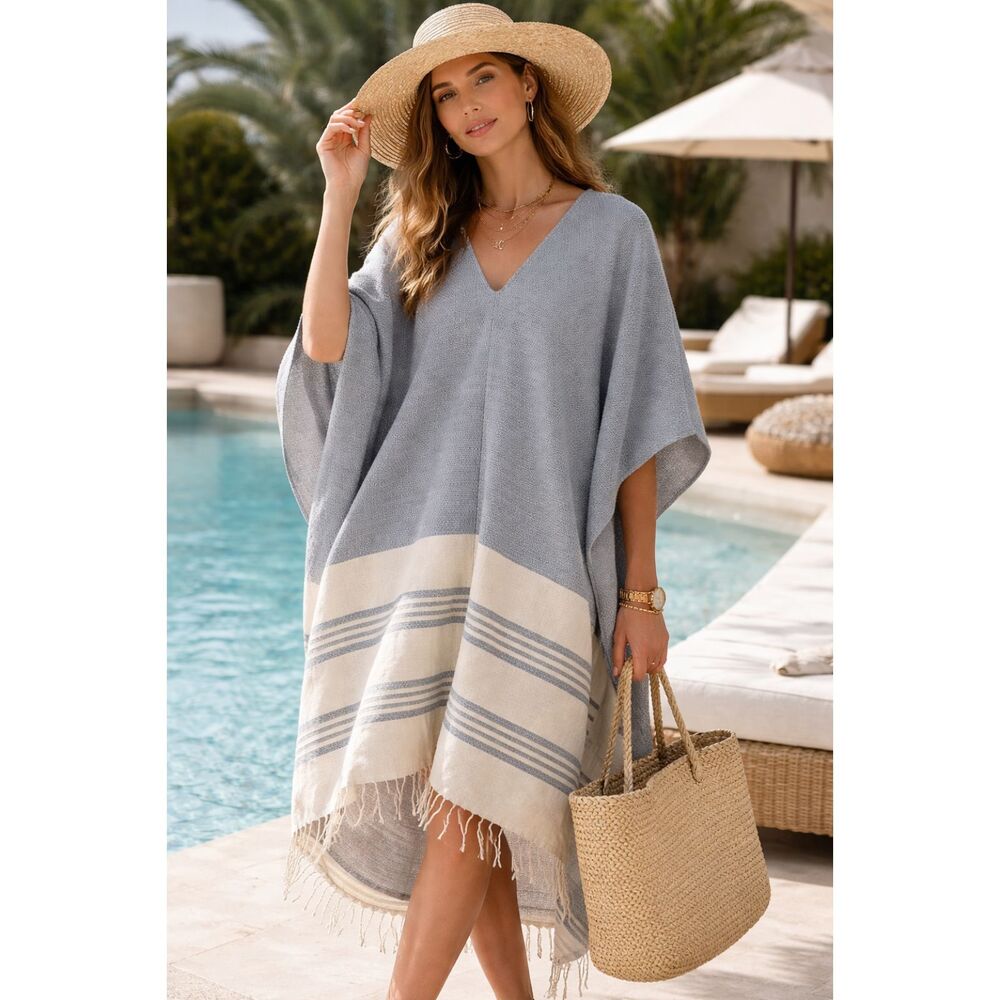 Tribe Alive Caftan Poncho Cover Up in Nautical One Size NWOT
